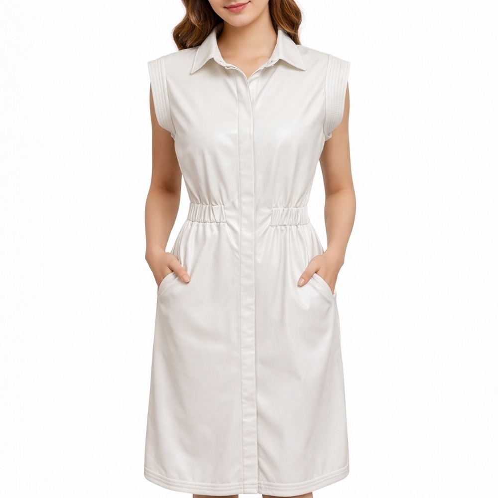 House of Harlow 1960 Faux Leather Shirt Dress NWT M Cream Midi